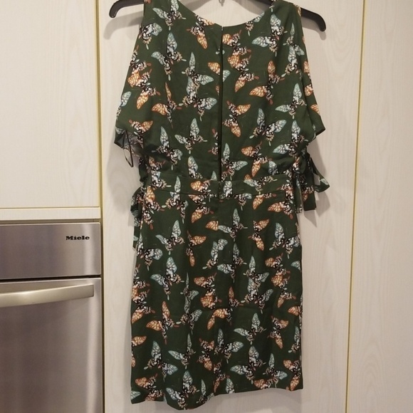💕ADELYN RAE💕 Butterfly Print Cold Shoulder Sheath Dress Olive Green Small S - Picture 7 of 11